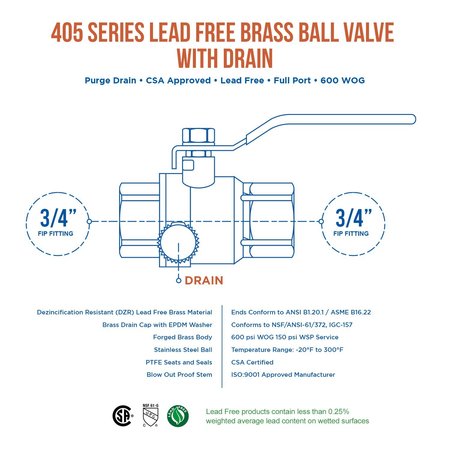 Everflow FIP Full Port Ball Valve with Drain, Brass 3/4" 405T034-NL